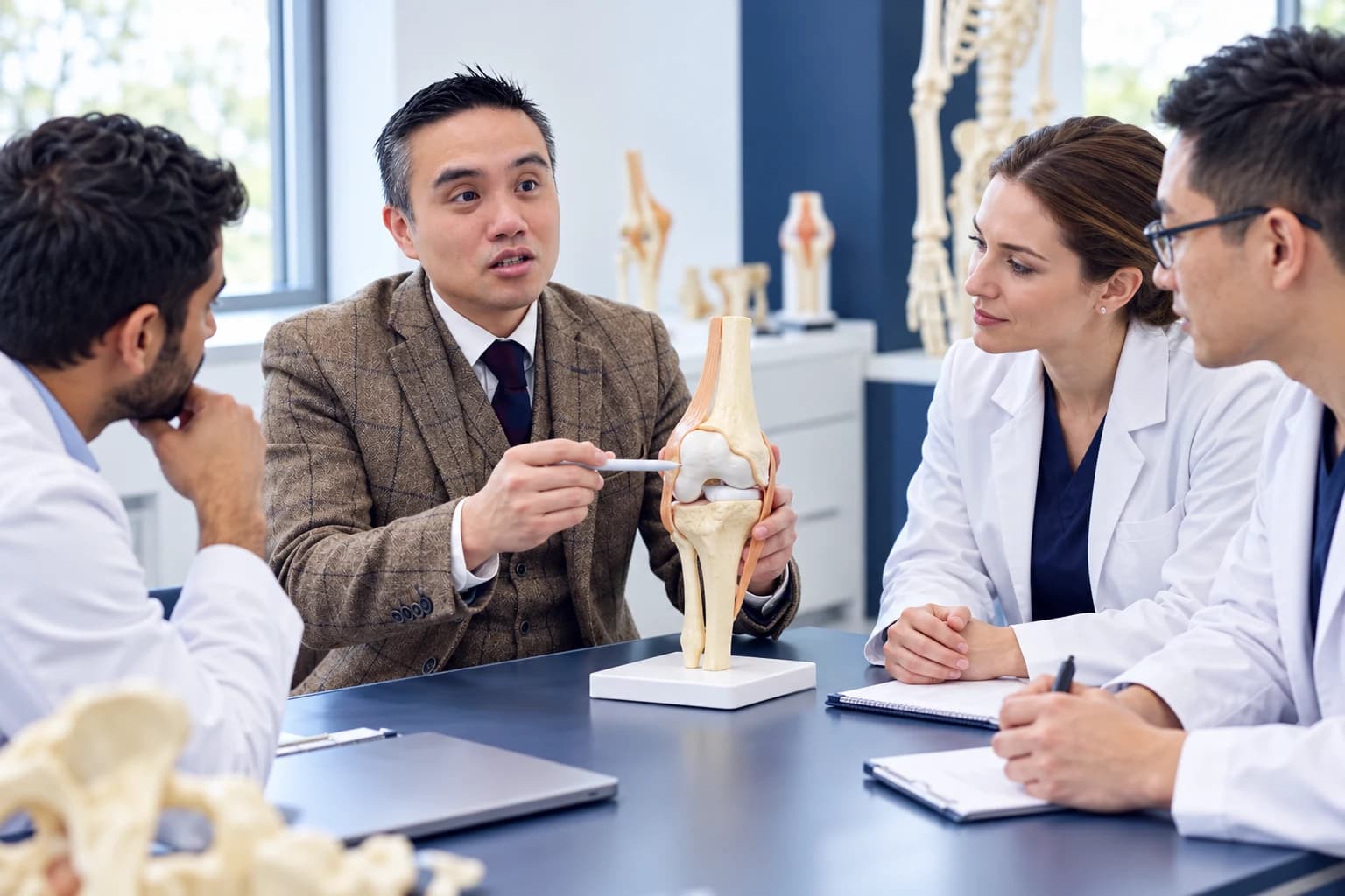 Illustration of Professor Lee discussing a knee model with a small group of clinicians